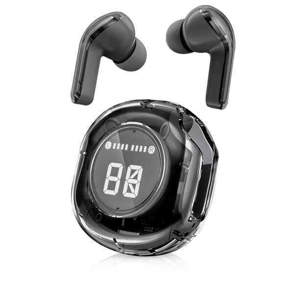 אוזניות בלוטוס שקופות עם תיבת טעינה חכמה שחור