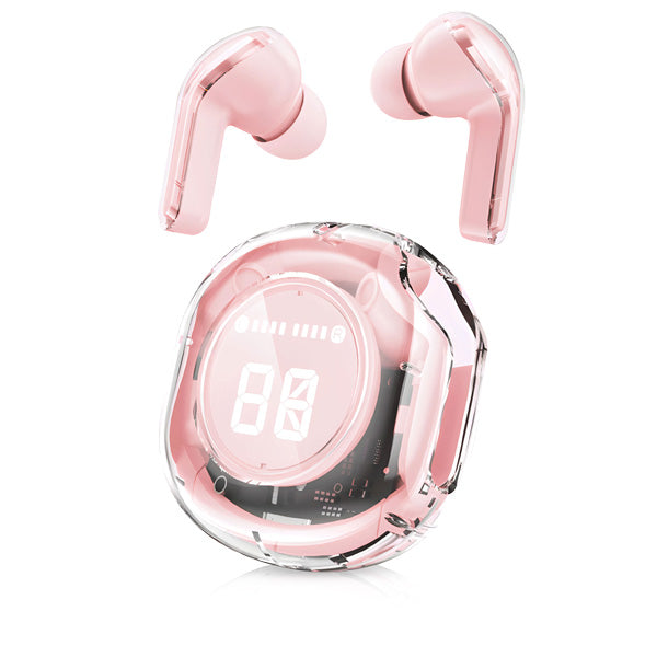 אוזניות בלוטוס שקופות עם תיבת טעינה חכמה ורוד