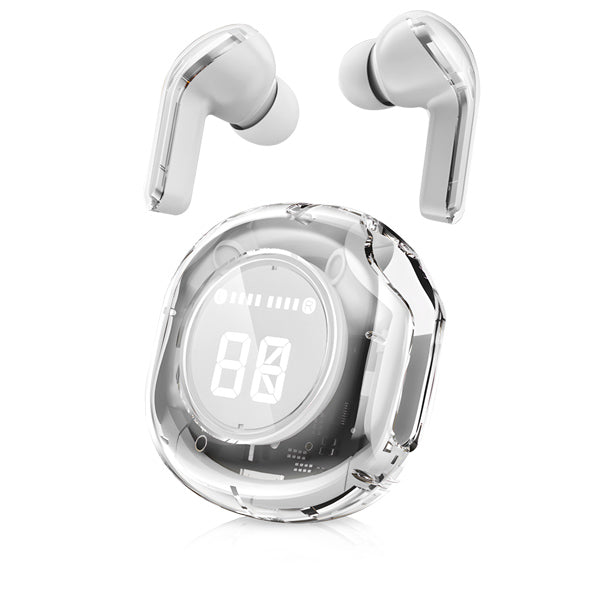 אוזניות בלוטוס שקופות עם תיבת טעינה חכמה לבן