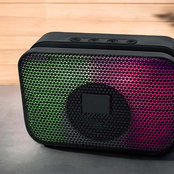 רמקול בלוטוס קומפקטי עם מעמד לטלפון חכם הדמייה 