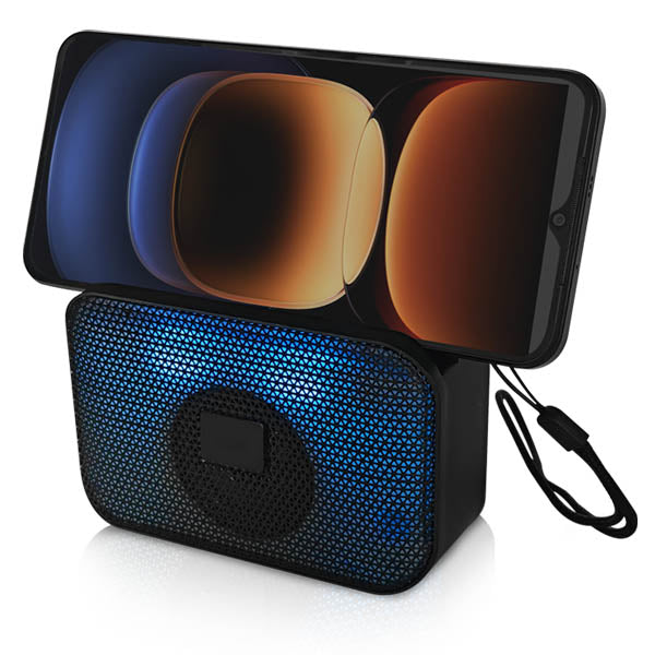 רמקול בלוטוס קומפקטי עם מעמד לטלפון חכם הדמייה 