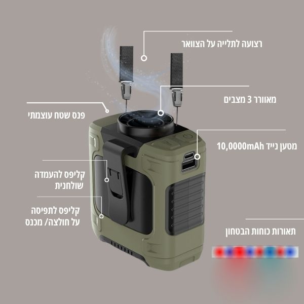 מאוורר גוף בשילוב מטען ופנס עוצמתי  נייד 10,000 mAh