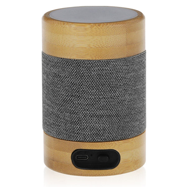 רמקול בלוטוס עם תאורת LED מבמבוק טבעי בשילוב אריג מאחור