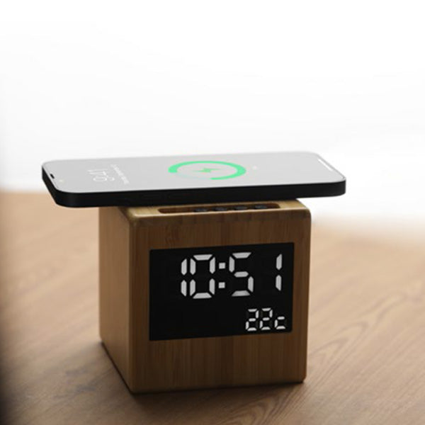 רמקול בלוטוס משולב טעינה אלחוטית ושעון דיגיטלי הדמייה