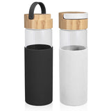 בקבוק זכוכית 500 מ"ל בשילוב סיליקון עם מכסה במבוק - שחור לבן