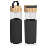 בקבוק זכוכית 500 מ"ל בשילוב סיליקון עם מכסה במבוק - שחור