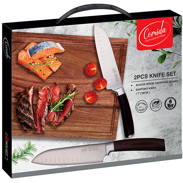 "Comida" סט סכין סנטוקו מקצועית 30 ס"מ (להב 18 ס"מ) לוח חיתוך עץ איכותי ACACIA עם שוליים משופעים