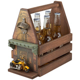 מנשא עץ מעוטר לשישה בקבוקי בירה + פותחן - חנות עם אופנוע