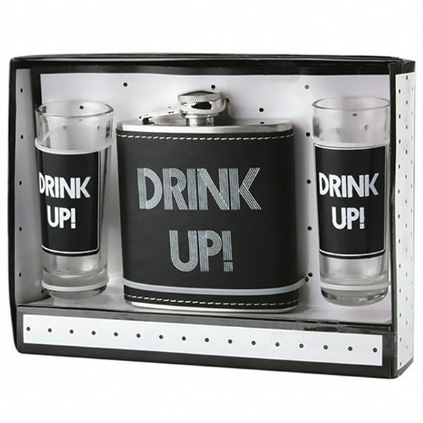 "Drink Up" מארז מתנה פלסק ושתי כוסות שוט 