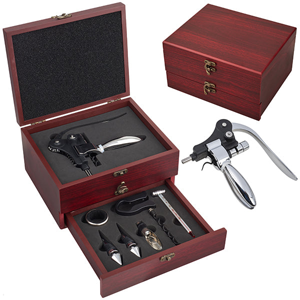 מארז עץ מהודר פותחן יין פושאפ עם 7 אביזרים