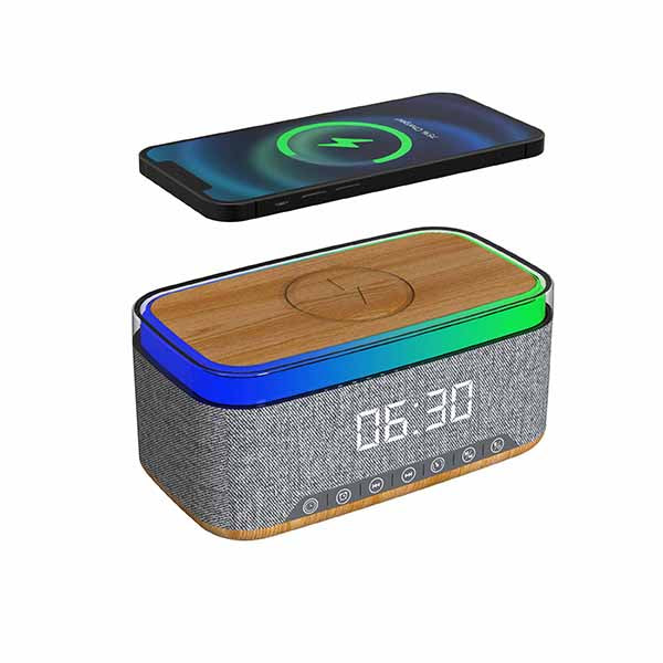 מטען אלחוטי מהיר 15W משולב עם רדיו/רמקול Bluetooth 10W ושעון דיגיטלי