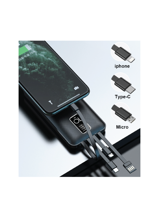 מטען נייד 10,000 mAh עם כבלים מובנים סוגי חיבור