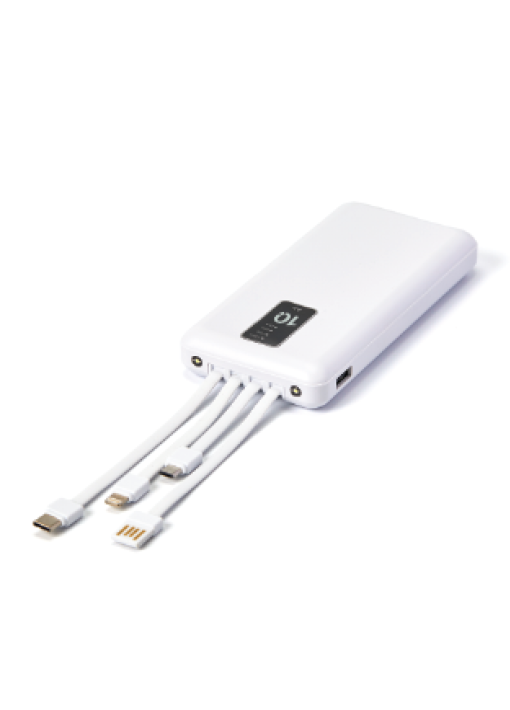 מטען נייד 10,000 mAh עם כבלים מובנים לבן