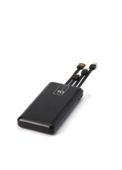 מטען נייד 10,000 mAh עם כבלים מובנים שחור