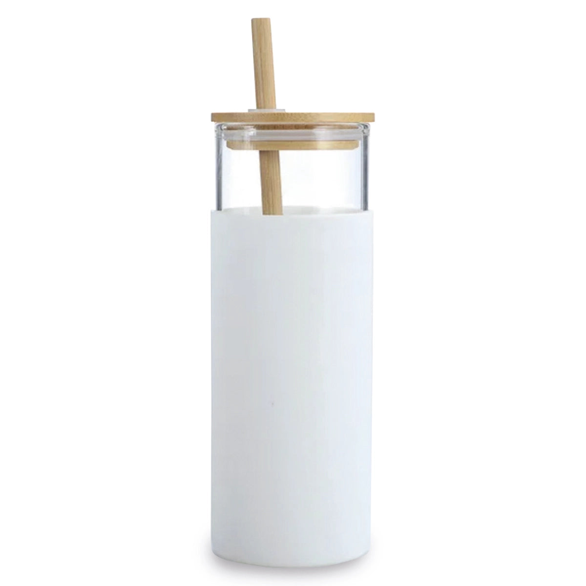 כוס זכוכית 500 מ"ל עם מכסה במבוק וקש – לבן