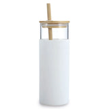 כוס זכוכית 500 מ"ל עם מכסה במבוק וקש – לבן