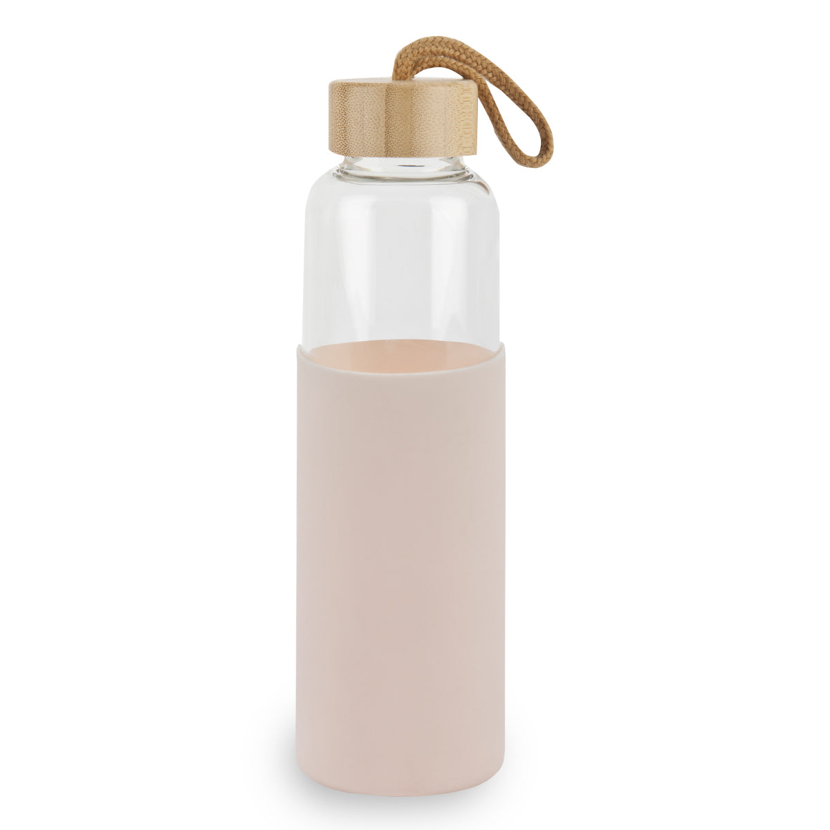 בקבוק זכוכית עם חבק סיליקון ופקק במבוק - ורוד