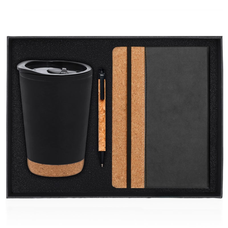 סט מחברת עט וכוס בשילוב שעם באריזת מתנה שחור