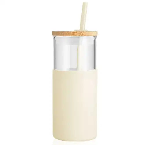 כוס בקבוק זכוכית עם כיסוי סיליקון וקש 450 מ"ל – וולקנו