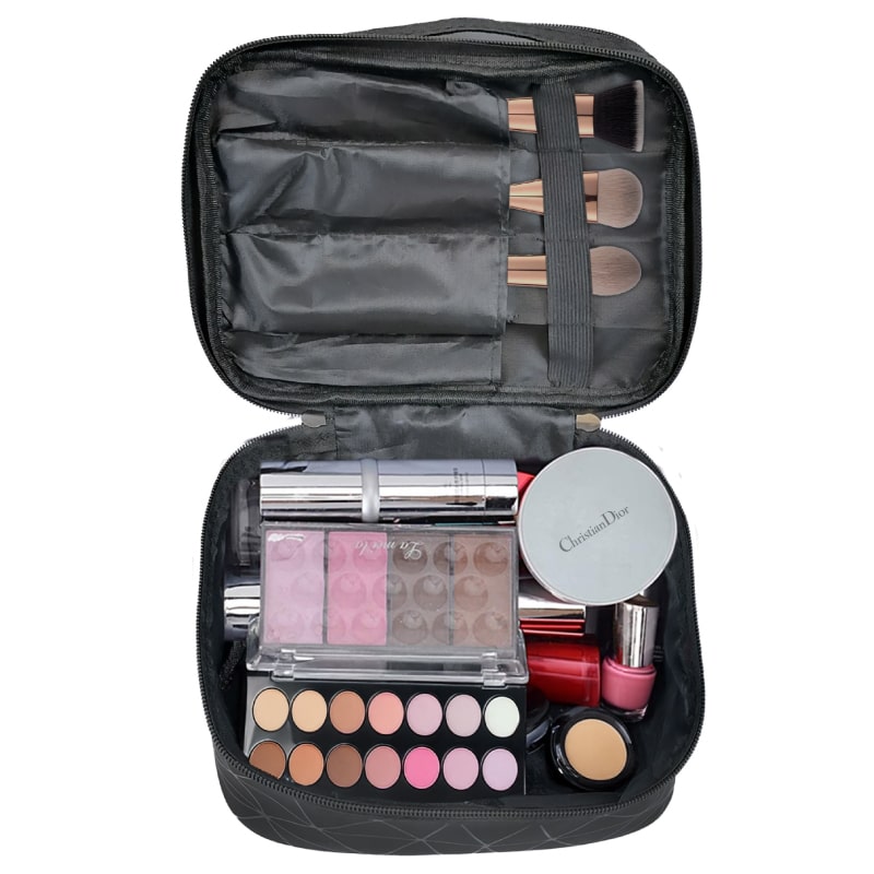 תיק רחצה גדול דמוי עור עמיד למים בעיצוב יוקרתי פתוח עם מוצרים