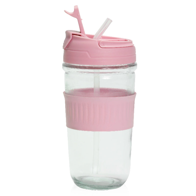 כוס זכוכית 500 מ"ל עם חבק ומכסה סיליקון  ורוד