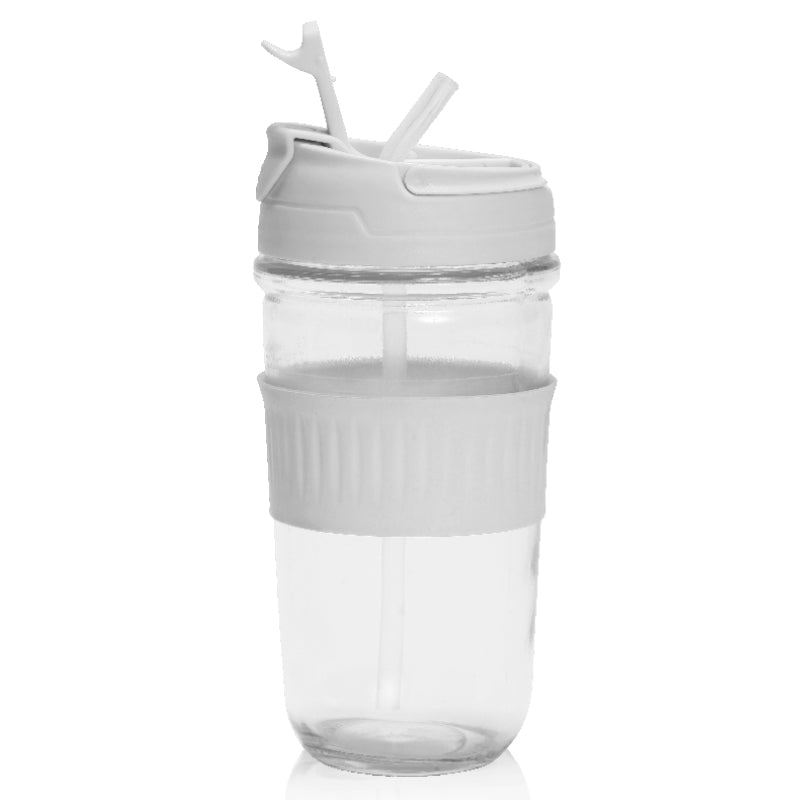 כוס זכוכית 500 מ"ל עם חבק ומכסה סיליקון  אפור