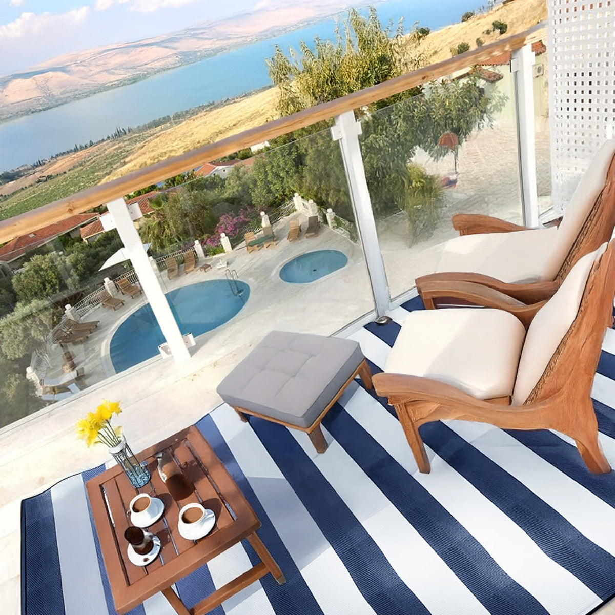 מחצלת משפחתית - פסים הדמייה כחול 