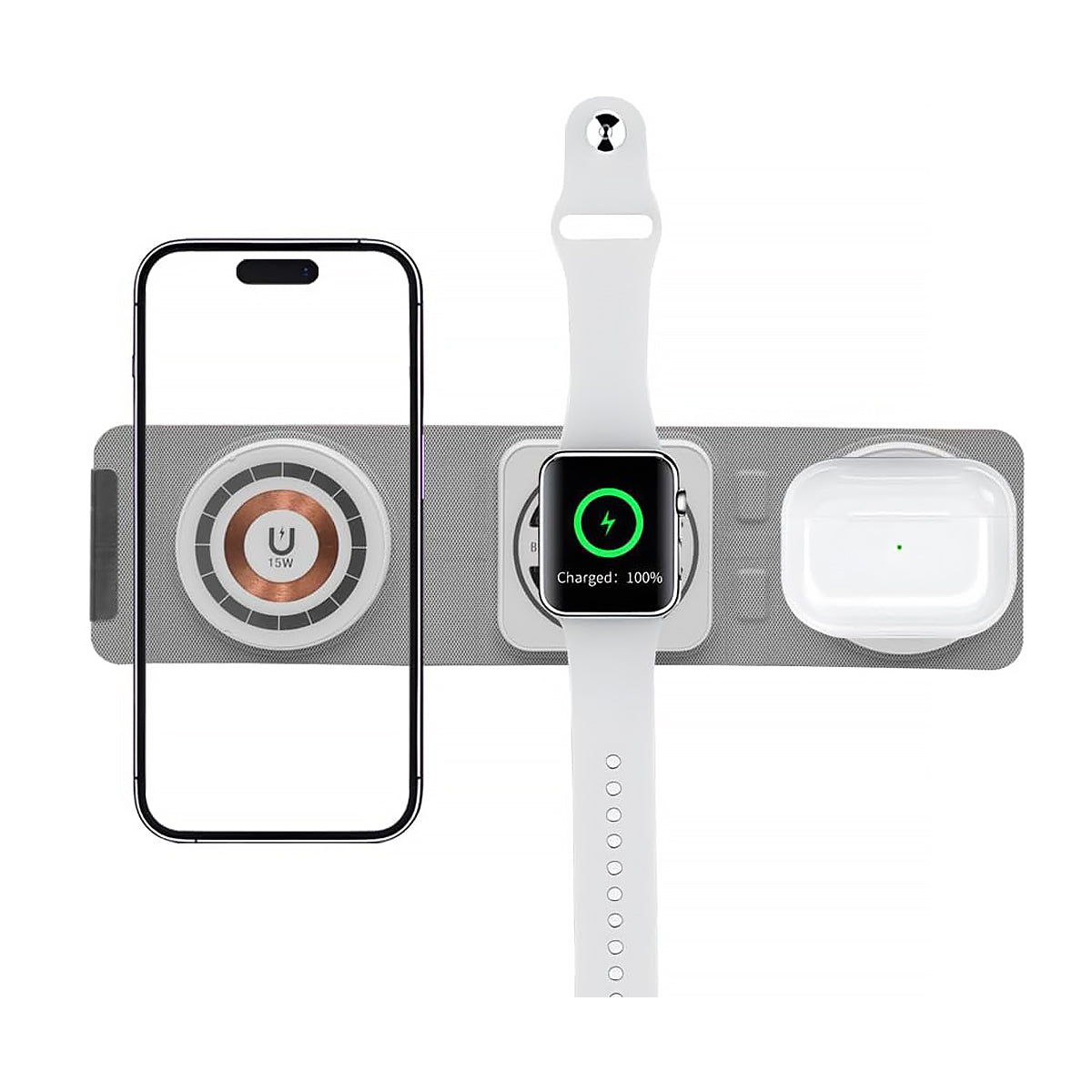  מעמד טעינה אלחוטי מתקפל 3 ב-1: טלפון, אוזניות ושעון חכם אפור