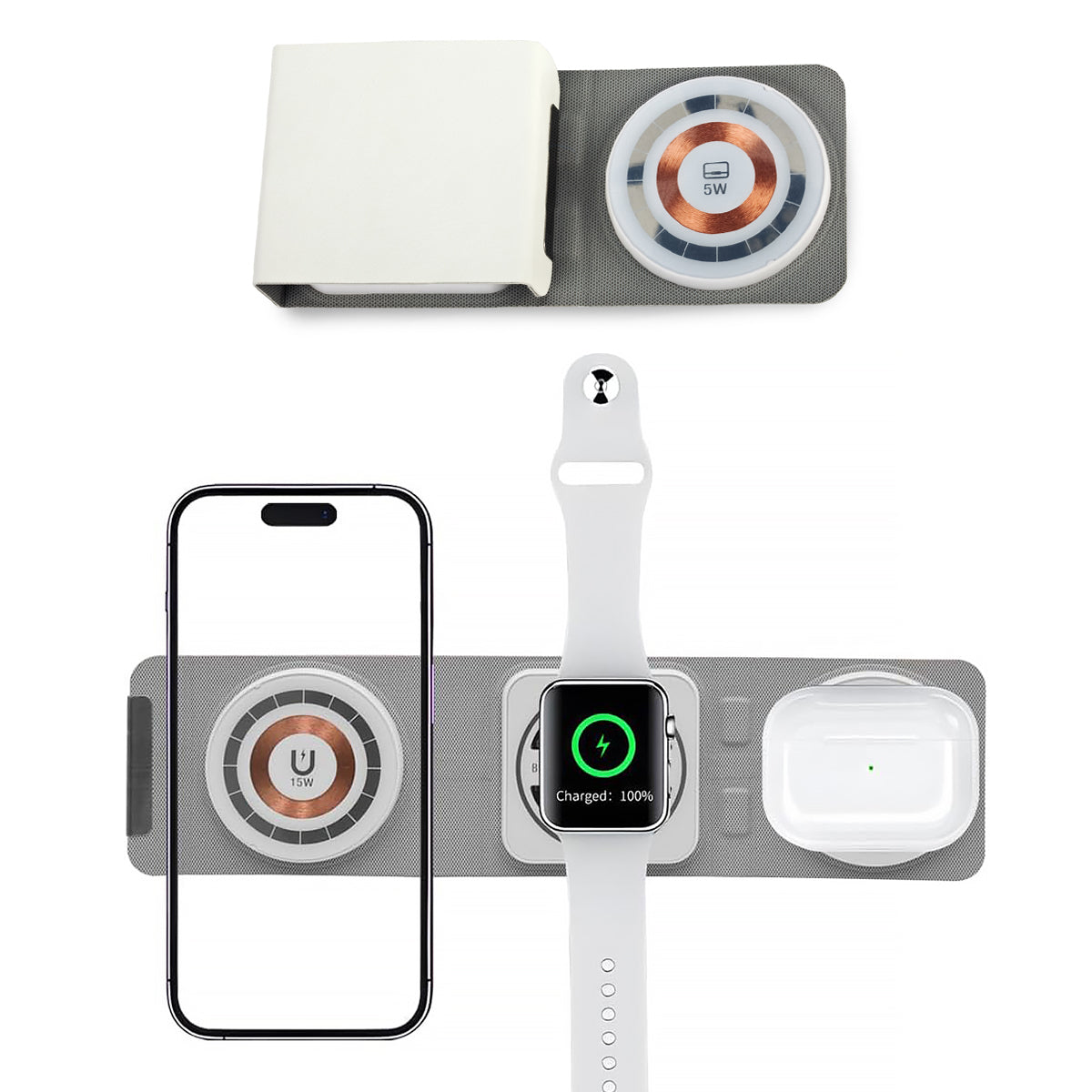  מעמד טעינה אלחוטי מתקפל 3 ב-1: טלפון, אוזניות ושעון חכם
