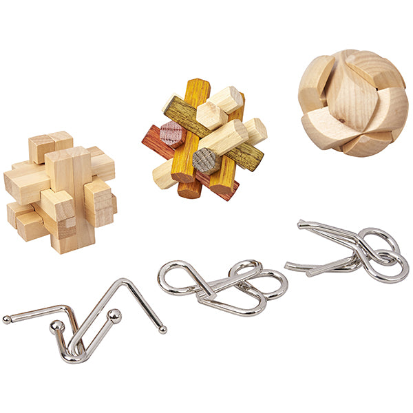 מארז 6 משחקי חשיבה פאזלים מעץ ומתכת באריזת עץ