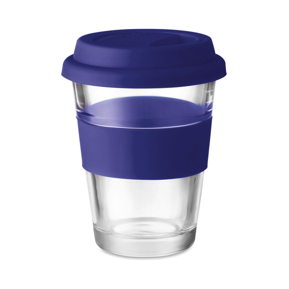 כוס שתיה מזכוכית עם מכסה סיליקון כחול