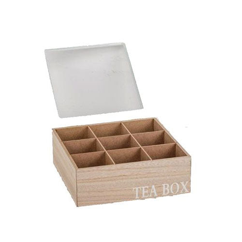 קופסת תה 9 תאים עם מכסה זכוכית לבן פתוח