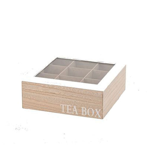 קופסת תה 9 תאים עם מכסה זכוכית לבן סגור