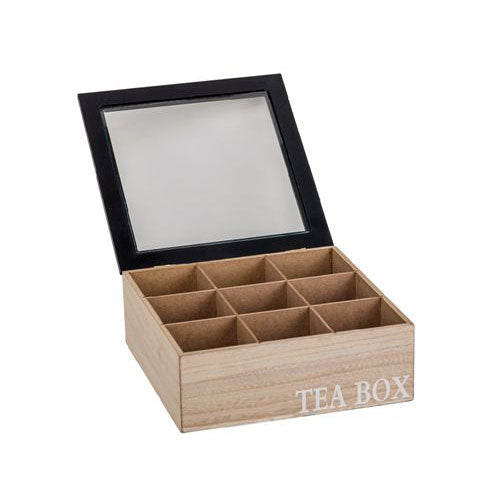 קופסת תה 9 תאים עם מכסה זכוכית שחור